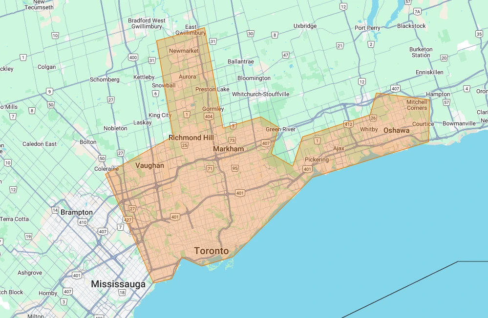 Service Area Map showing Greater Toronto Area
